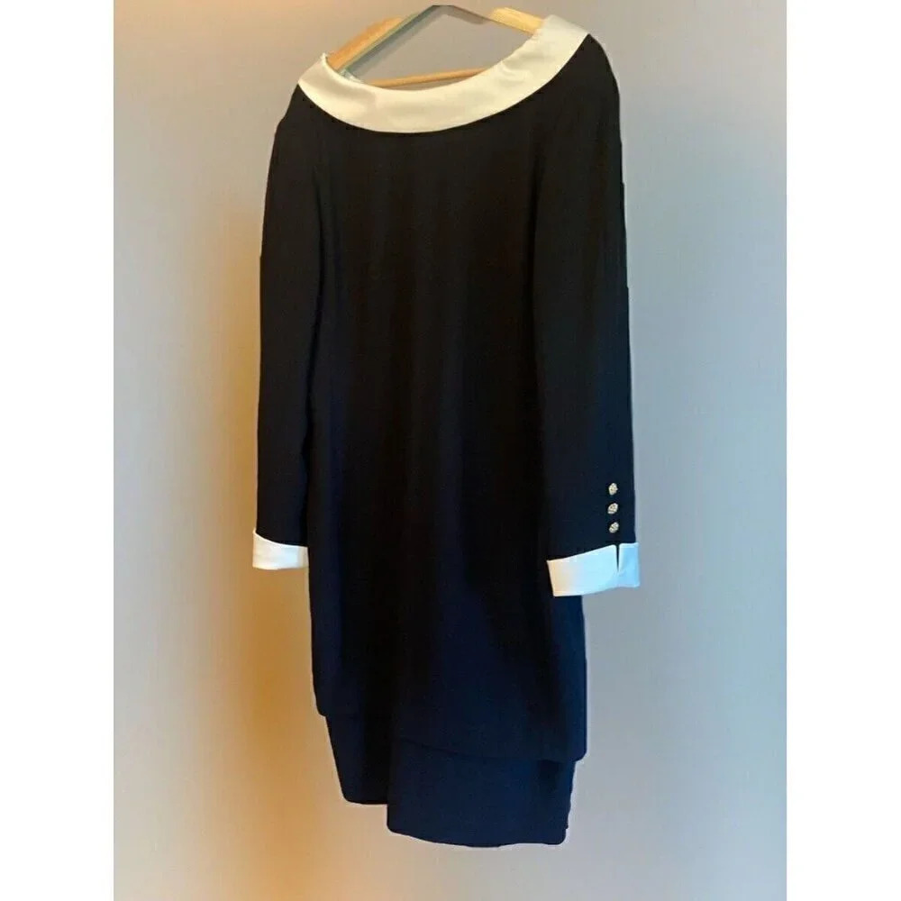 Teri Jon Rickie Freeman Formal Cream Satin & Black Plus Size 16 Shift Dress
